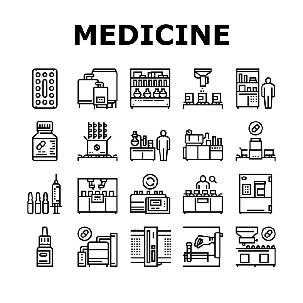 Medical Drugs Production Factory Icons Set Vector