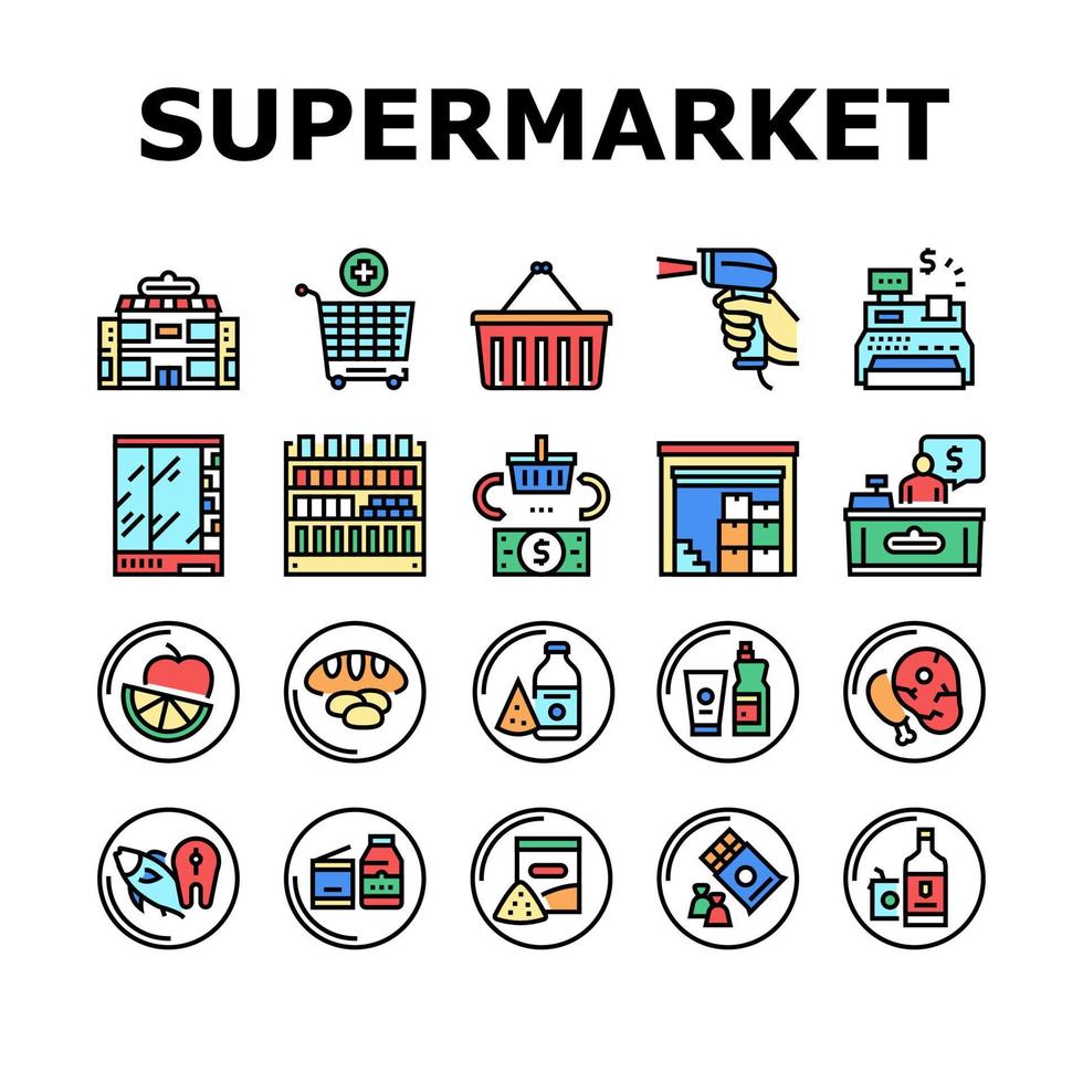 Supermarket Store Collection Icons Set Vector Illustrations