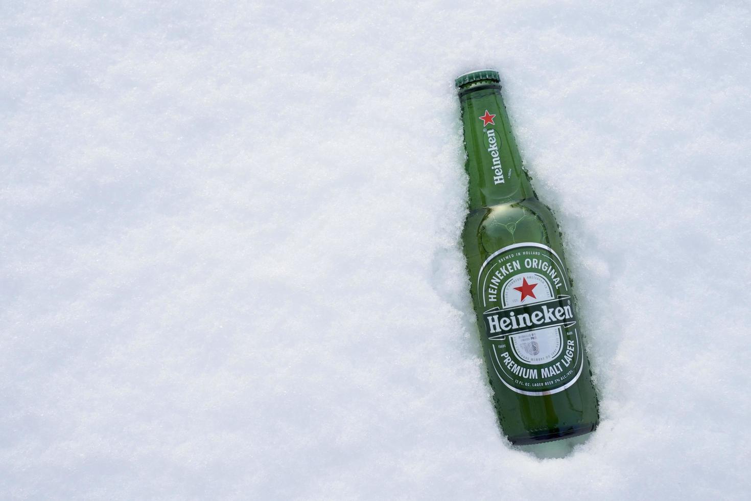 Marinette,WI-Nov29,2021- Heineken Beer, Close on Ice Since 1975, most Heineken beer has been produced at the brewery in Zoeterwoude, Netherlands. photo