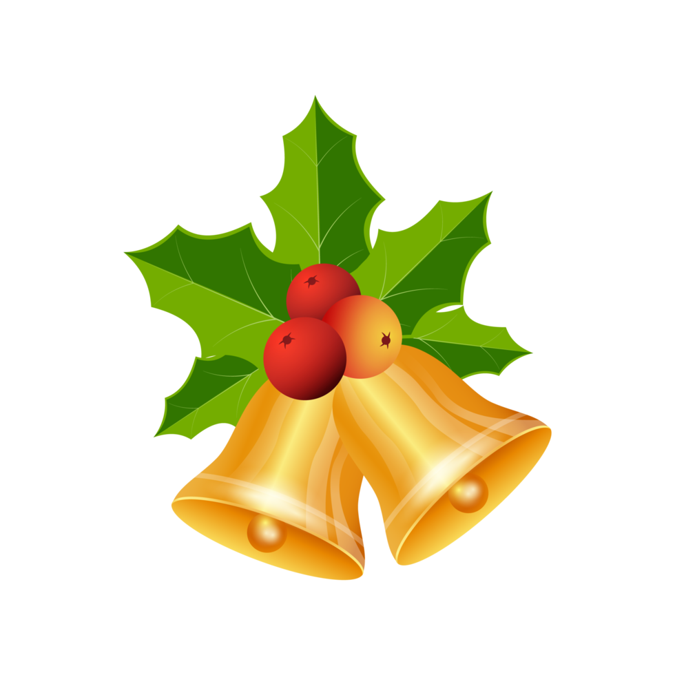 Golden bell with red berries and green leaves on a transparent background. Christmas golden bells set PNG with red berries. Xmas bell collection image with green leaves.