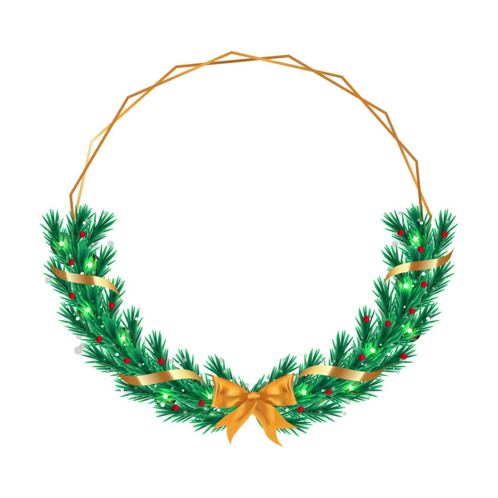 Weihnachtsrahmen png mit grünen Blättern und einem goldenen Band. Weihnachtsrahmenbild mit roten Beeren und Schneeflocken. weihnachtsgoldenes band und grüne blätter auf einem transparenten hintergrund.