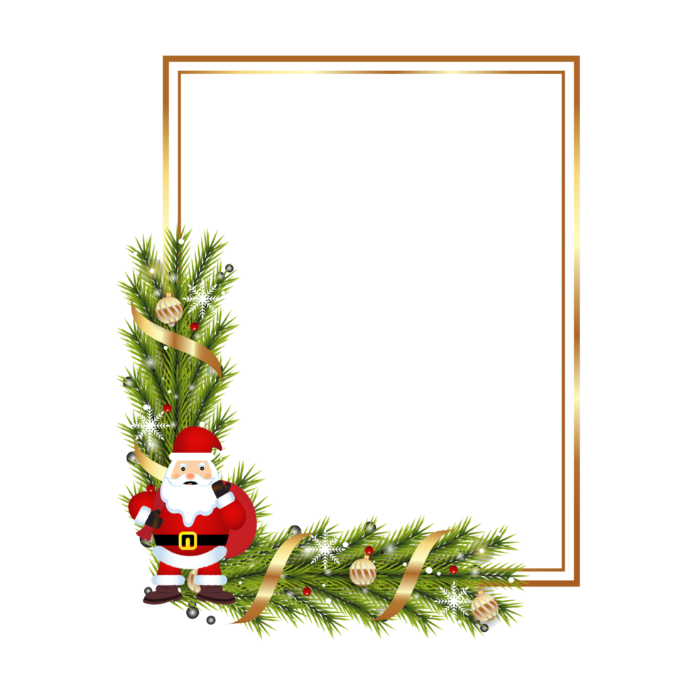Christmas realistic frame PNG with pine leaves, snowflakes, and golden balls. Xmas golden frame image with ribbon. Merry Christmas decoration element with red berries on a transparent background.