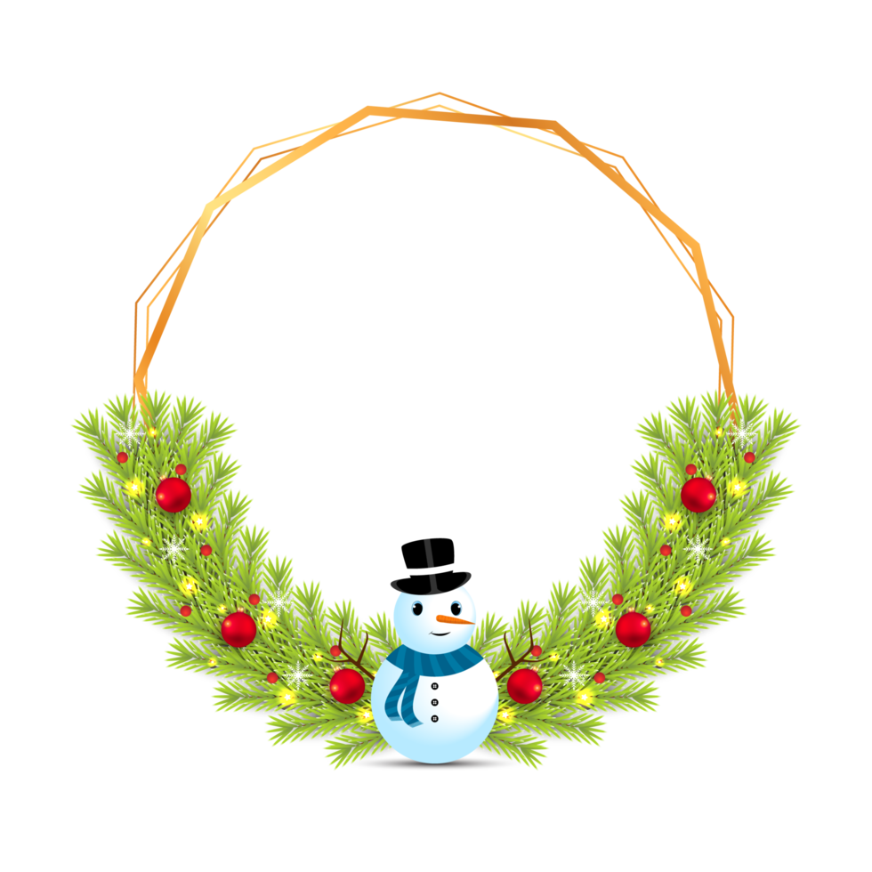 xmas ram png med gröna löv och en snögubbe. jul ram med röd dekoration boll och snöflingor. xmas ram dekoration med snöflingor och dekoration bollar på en transparent bakgrund.