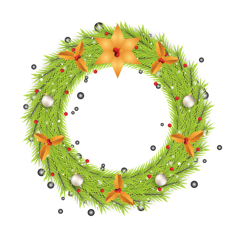 Christmas wreath PNG with white decorative light balls. Green color wreath design with golden leaves and a star. Christmas wreath on a transparent background.