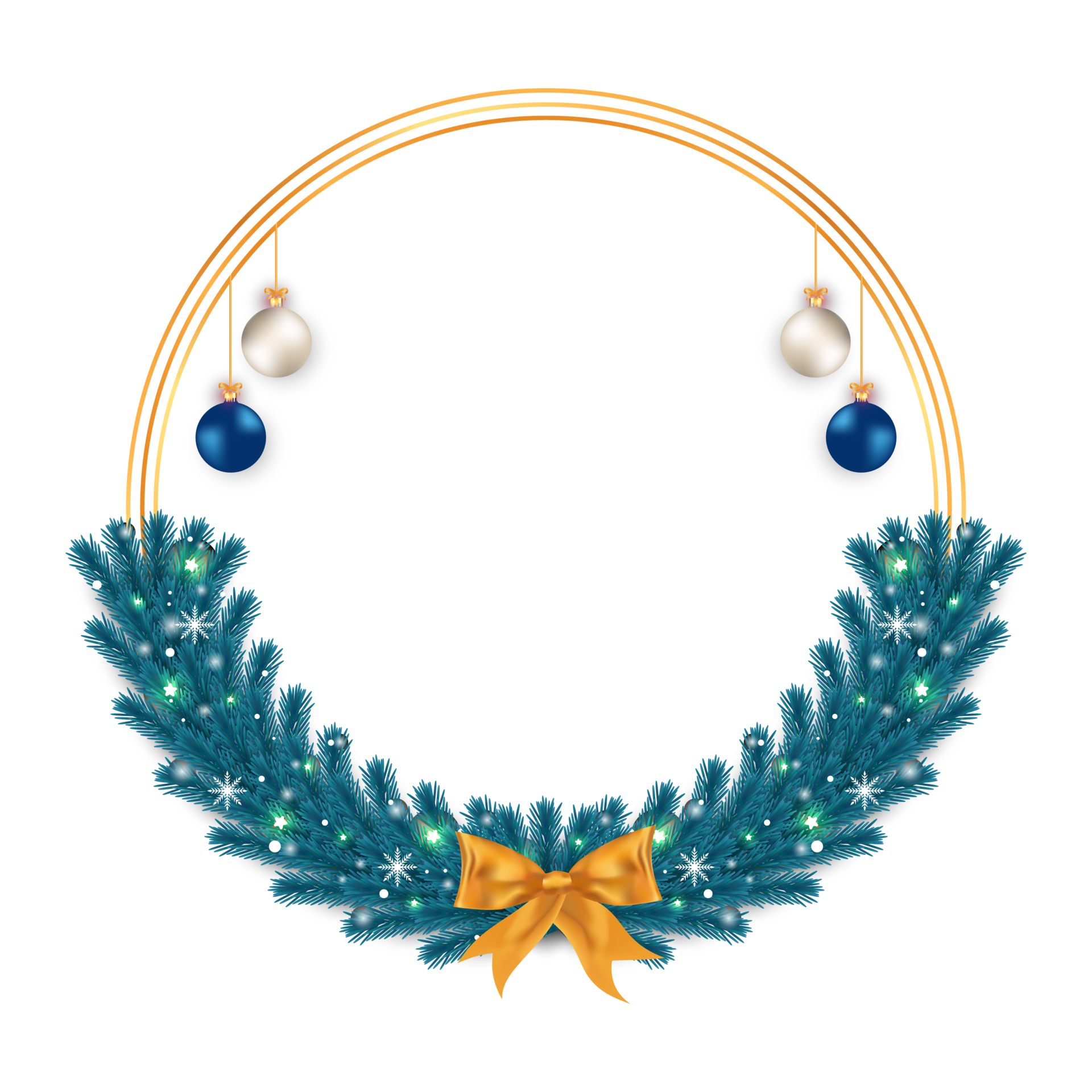 Christmas frame PNG with a golden ribbon and decoration balls. Xmas