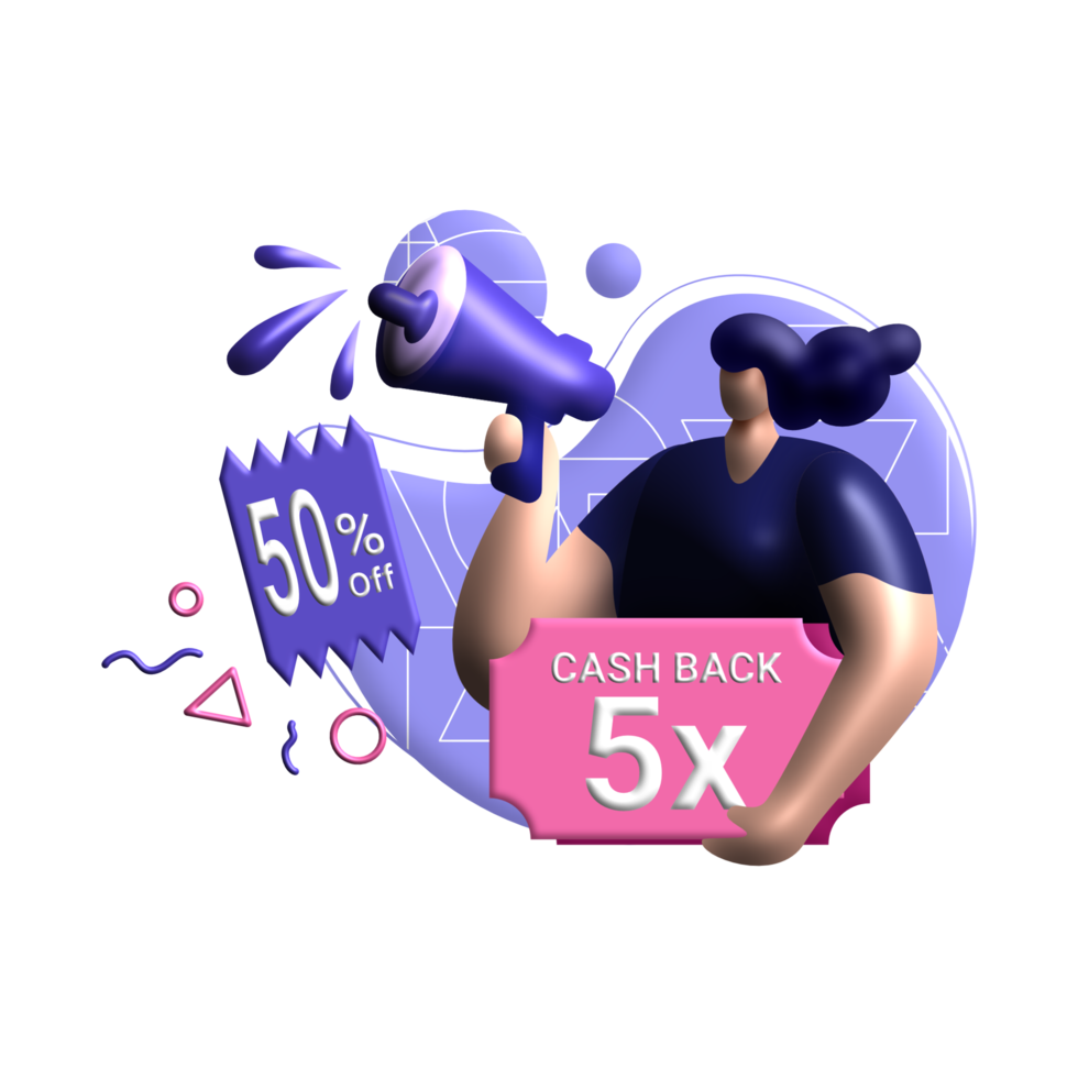 cashback campaign 3d rendering Illustration for off get vouchers discounts, reward program color blue, pink, perfect for ui ux design, ecommerce, branding shopping sale, advertising, marketplace png