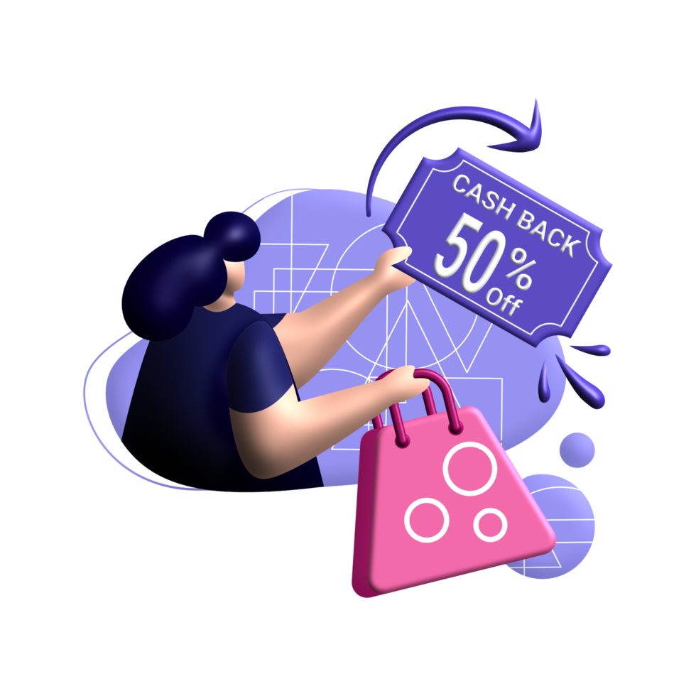 cashback coupon 3d rendering Illustration for off get vouchers discounts, reward program color blue, pink, perfect for ui ux design, ecommerce, branding shopping sale, advertising, marketplace png