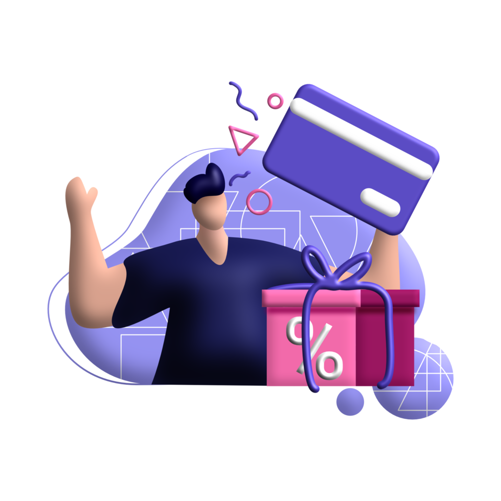 cartão pré-pago de reembolso 3d ilustração de renderização para obter descontos de vouchers, programa de recompensa cor azul, laranja, preto, amarelo, perfeito para design ui ux, comércio eletrônico, venda de compras de marca, publicidade png