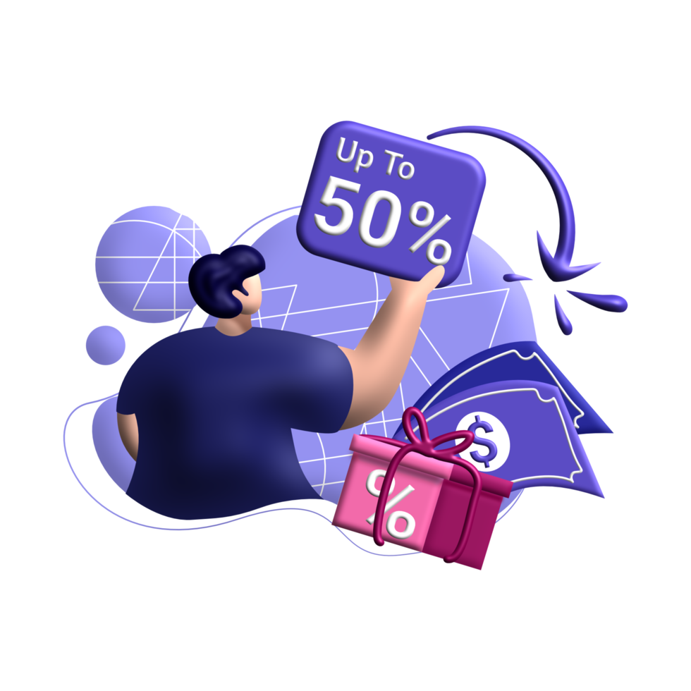 cashback business model 3d rendering Illustration for up to get vouchers discounts, reward program color blue, pink, perfect for ui ux design, ecommerce, shopping sale, advertising, marketplace png