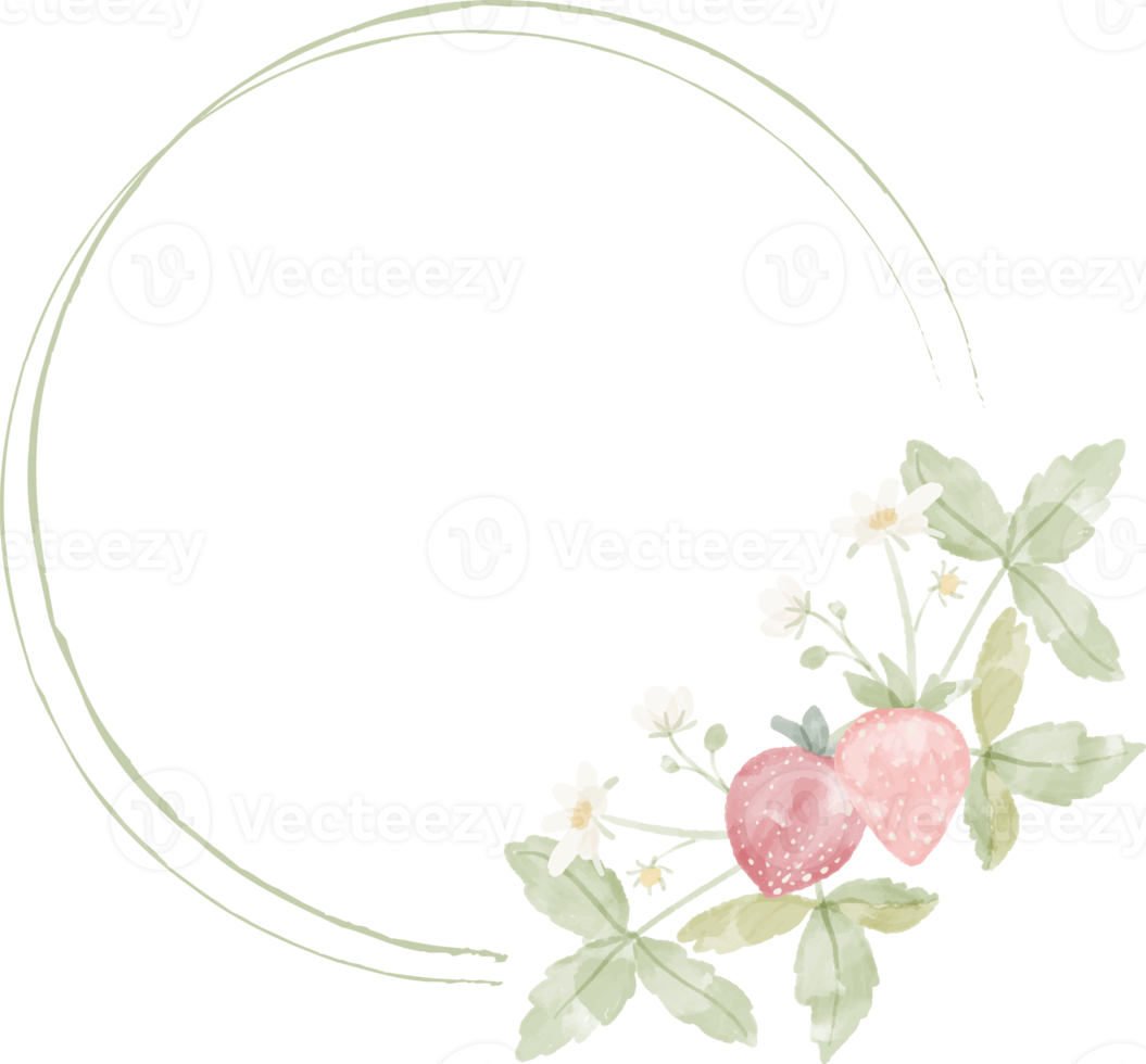 minimal watercolor hand drawn wild strawberry wreath frame png