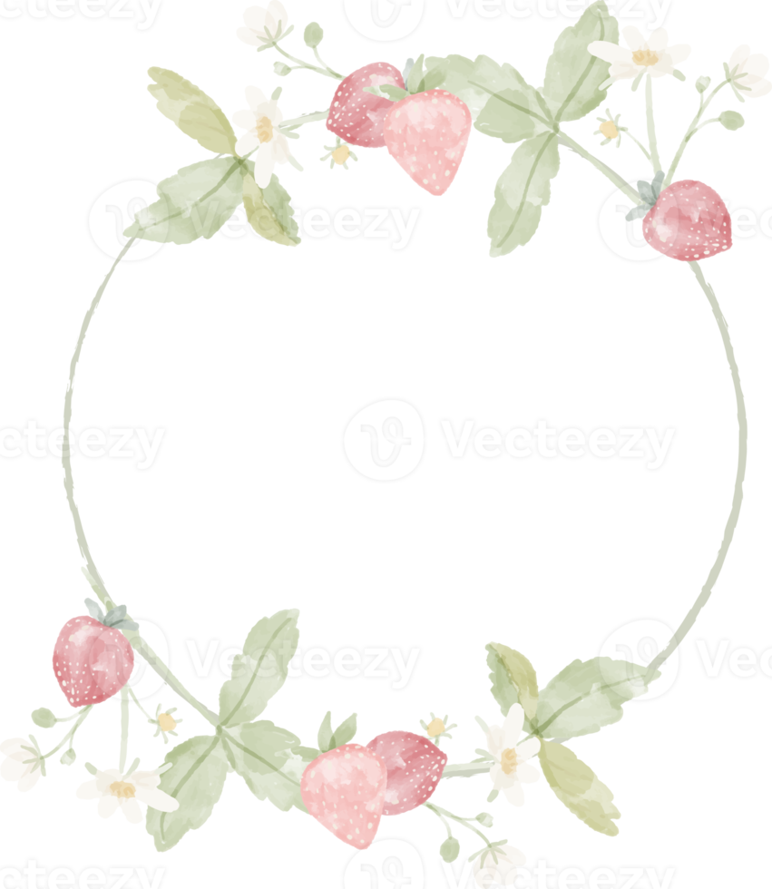 watercolor wild strawberry branch flower wreath frame png