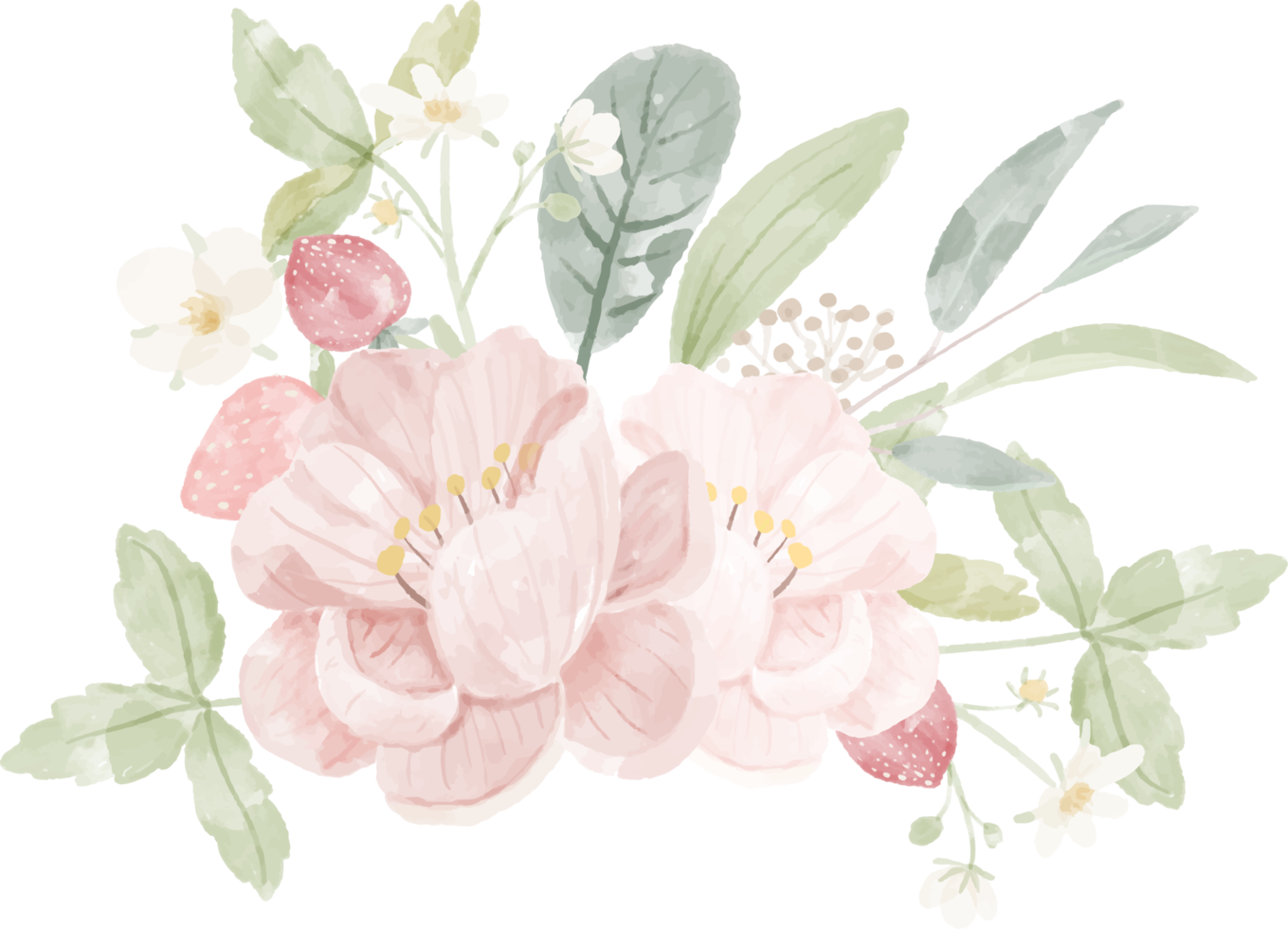 watercolor pink peony and wild strawberry bouquet png