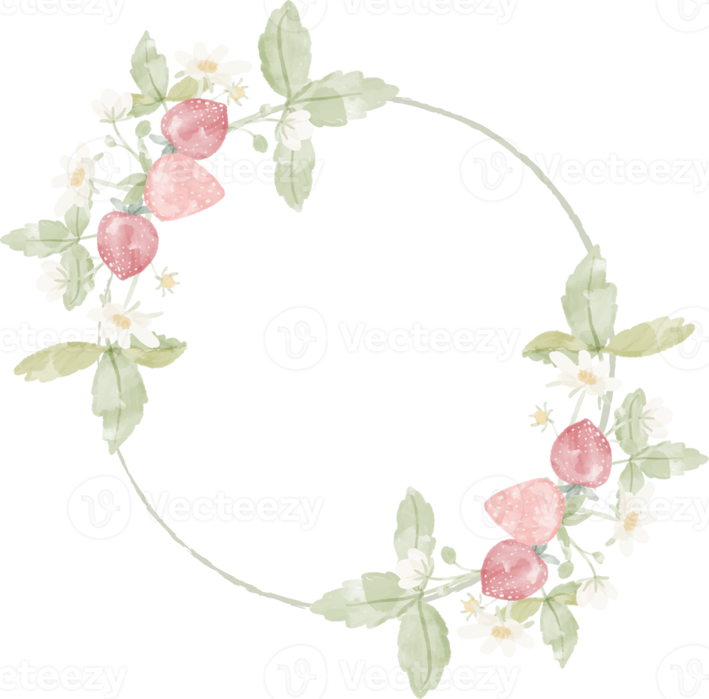 watercolor wild strawberry branch flower wreath frame png