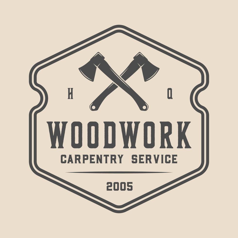 Vintage retro woodwork carpentry mechanic emblem, logo, badge, label. mark, poster or print. Monochrome Graphic Art. Vector Illustration. Engraving