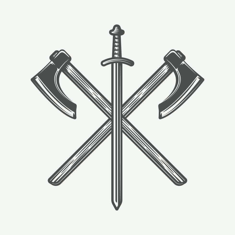 Vintage vikings logo, emblem, badge in retro style. Monochrome Graphic Art. Vector