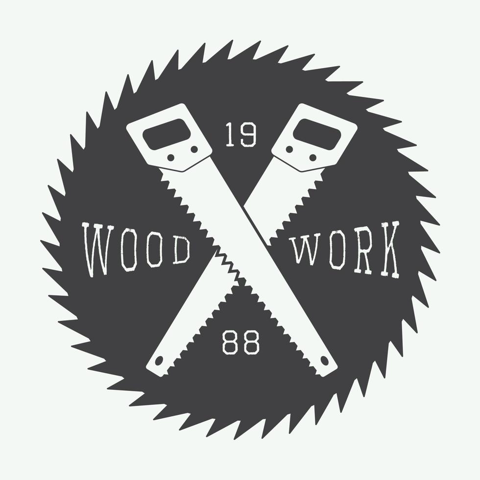 Vintage sawmill logo with axes, rocks, vector