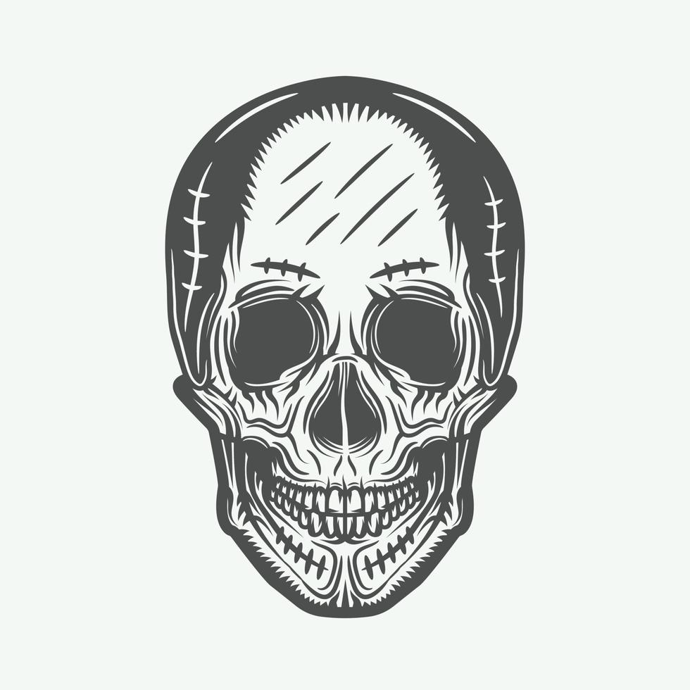 Vintage line skull in retro style. Vector illustration. Monochrome Graphic