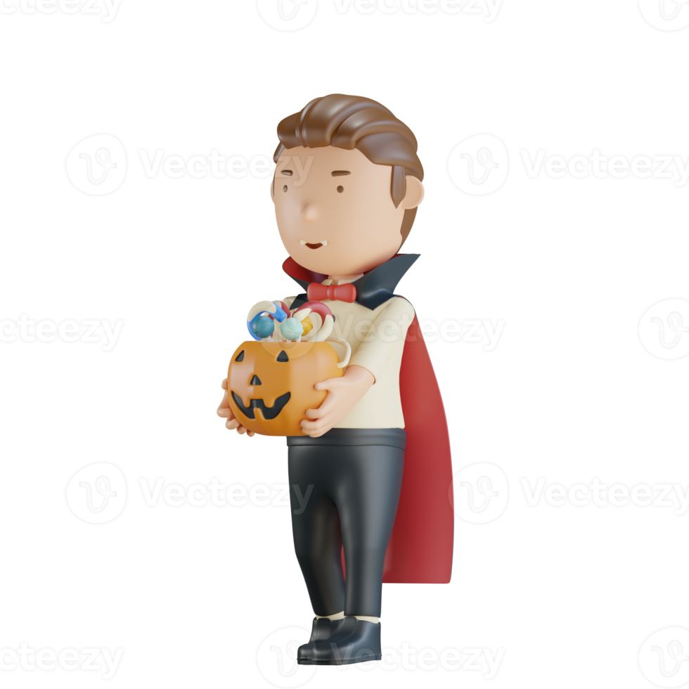 3d halloween character vampire holding pumpkin with candy png