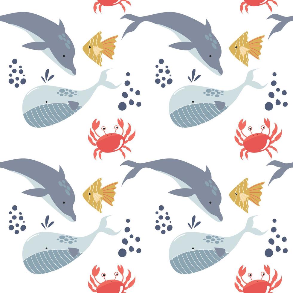 Abstract sea fish seamless pattern. Vector of ocean life underwater in doodle cartoon style background.