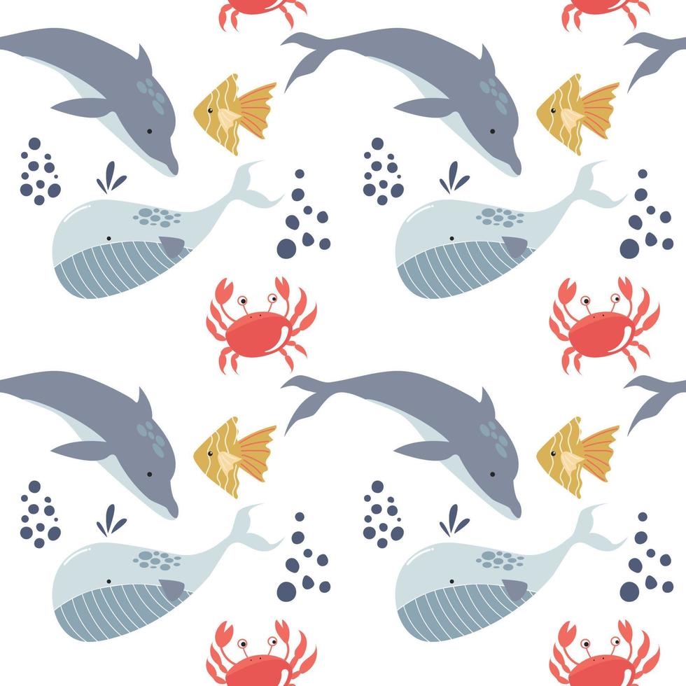 Abstract sea fish seamless pattern. Vector of ocean life underwater in doodle cartoon style background.