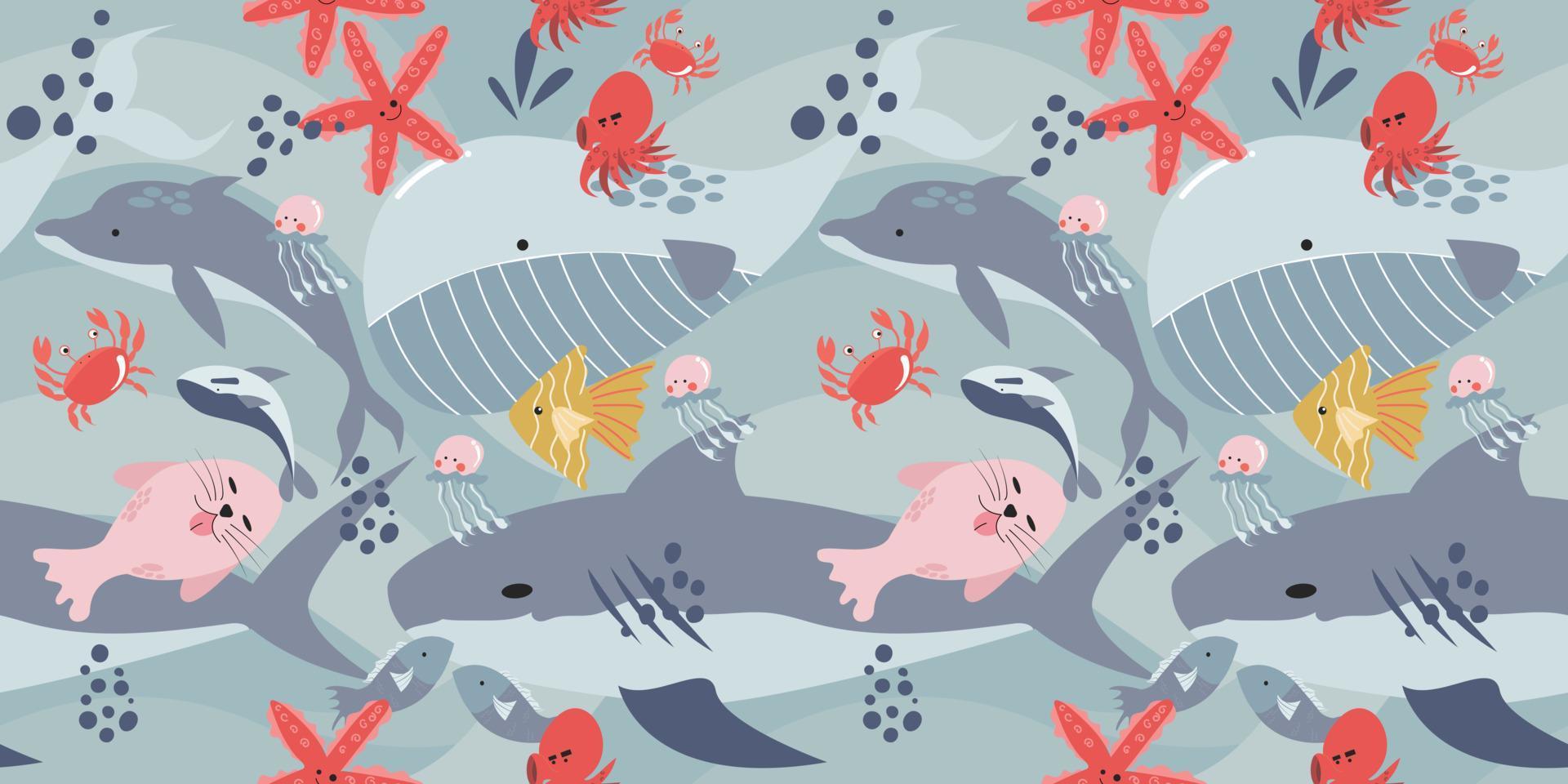 Abstract sea fish seamless pattern. vector