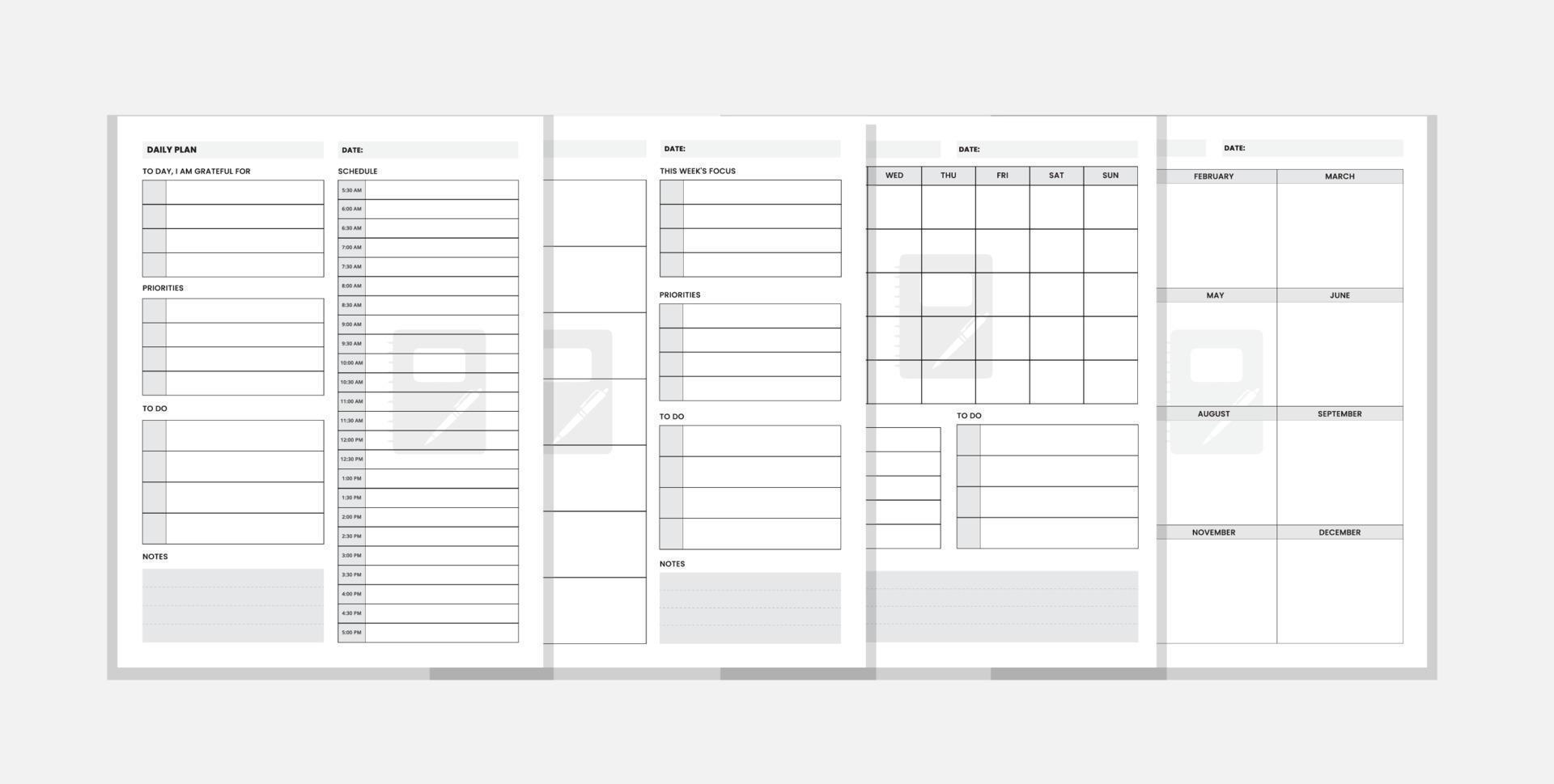 conjunto de plantillas de planes diarios, mensuales, semanales y anuales. planificador organizador de cuadernos para asuntos personales y laborales vector