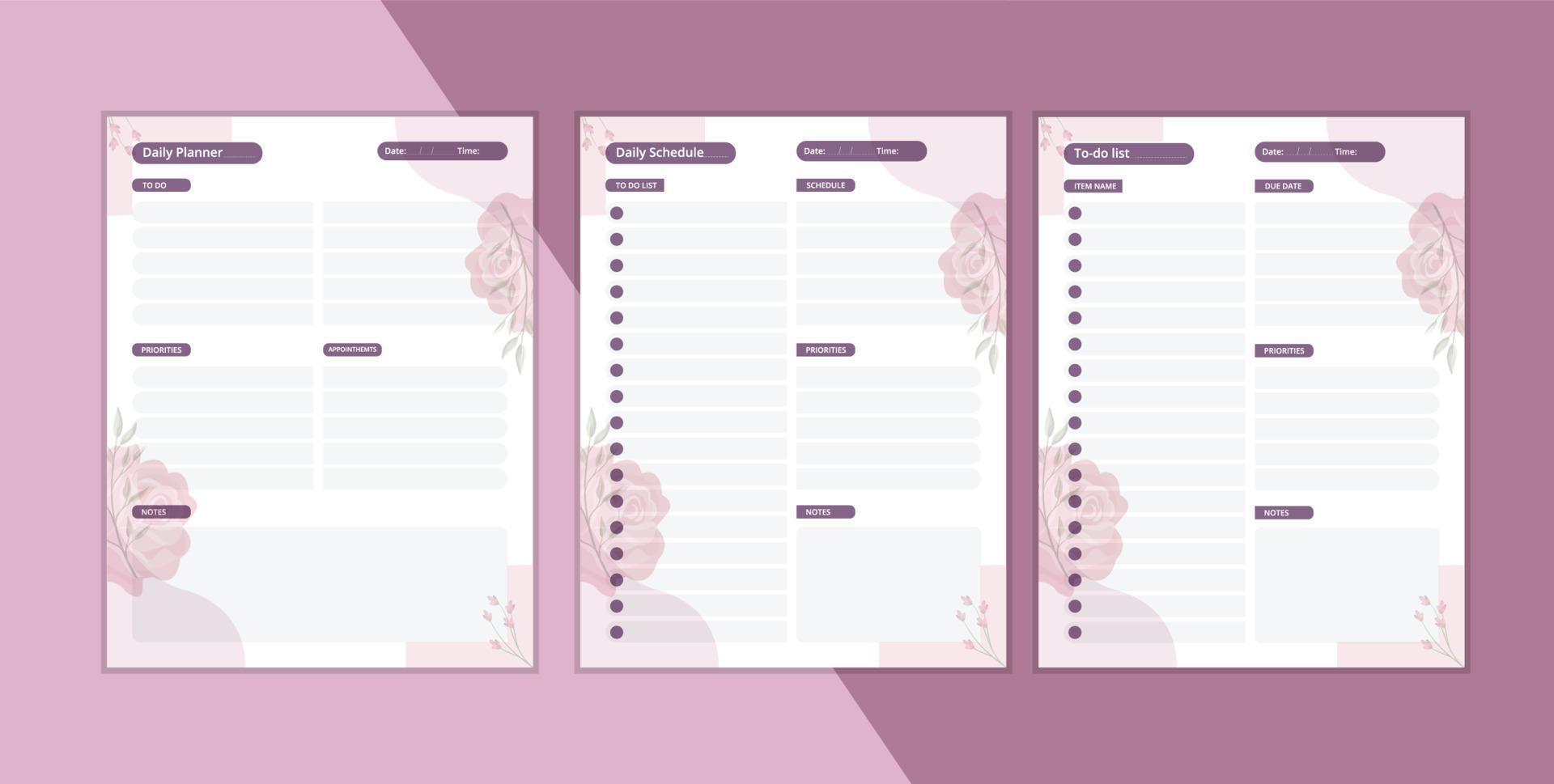 Daily planner,  schedule. To do list plan template. kdp Planner notebook with flower vector