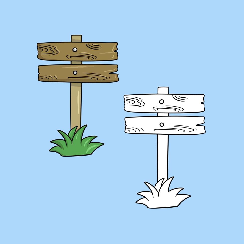 A set of pictures, an old brown wooden sign on a pole, a stand with green grass, a vector illustration in cartoon style on a colored background