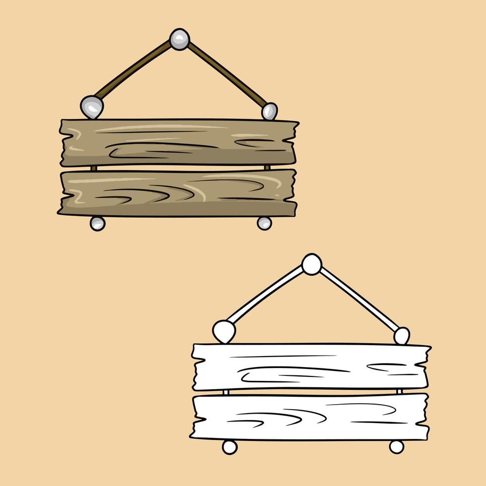 A set of pictures, an old square brown wooden sign on a rope, an advertising stand, a vector illustration in cartoon style on a colored background