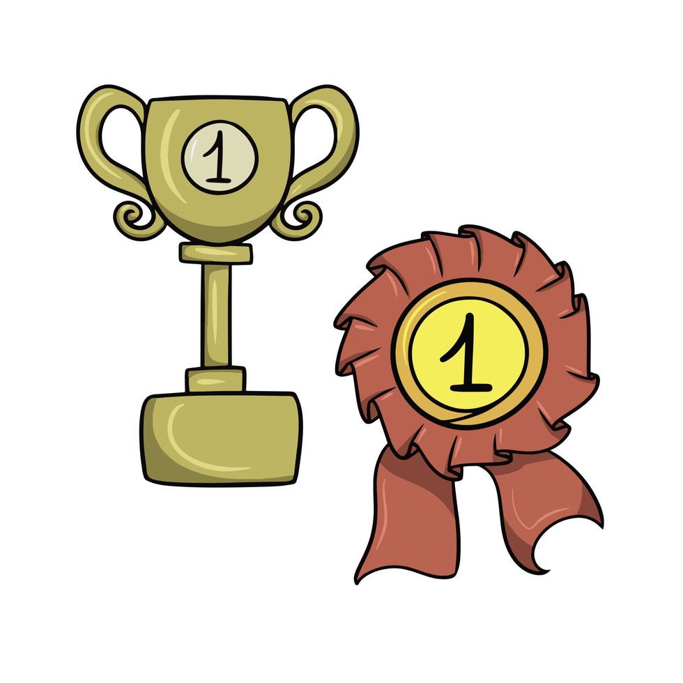 First place award set, gold cup to the winner, vector illustration in cartoon style on a white background