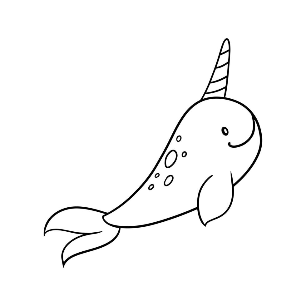 Monochrome images, sea life, cute narwhal, vector illustration in cartoon style on a white background