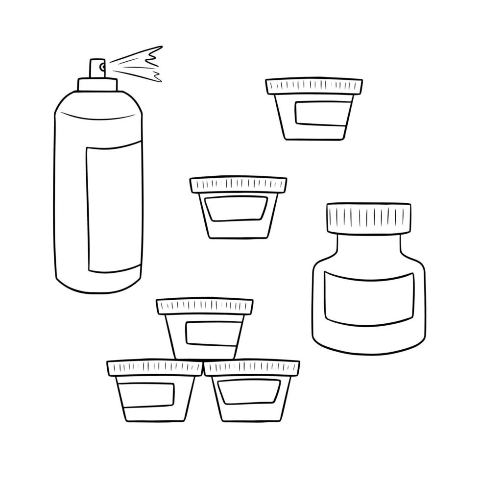 Monochrome set of pictures, different jars of paints, vector illustration in cartoon style on a white background