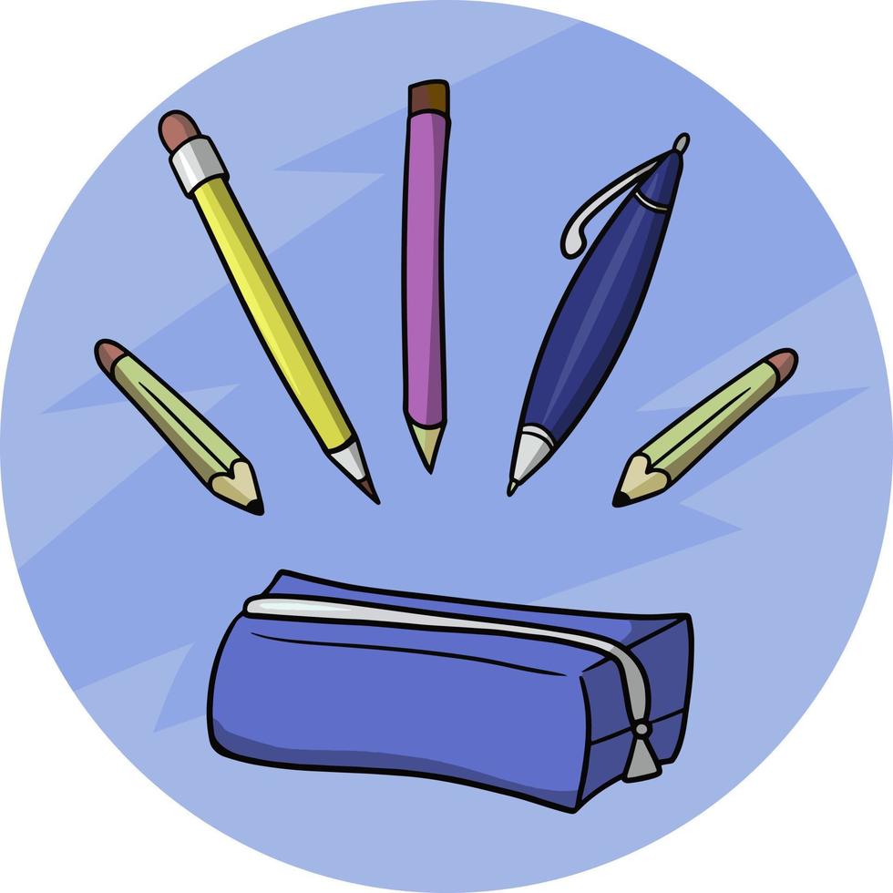 Set of pens and pencils with a blue pencil case, vector illustration in cartoon style