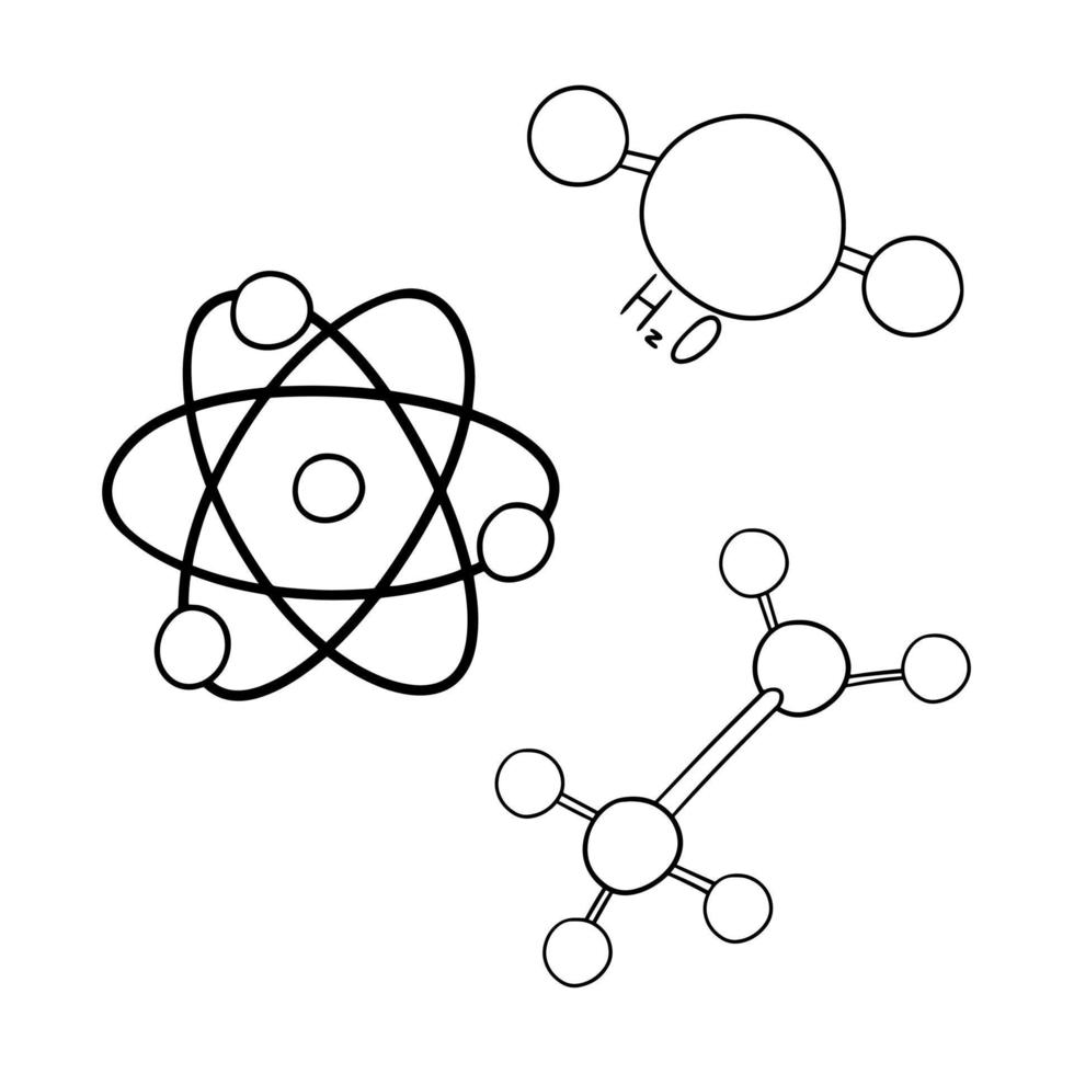 Monochrome set of pictures, A set of simple diagrams of molecules and atoms, vector illustration in cartoon style on a white background