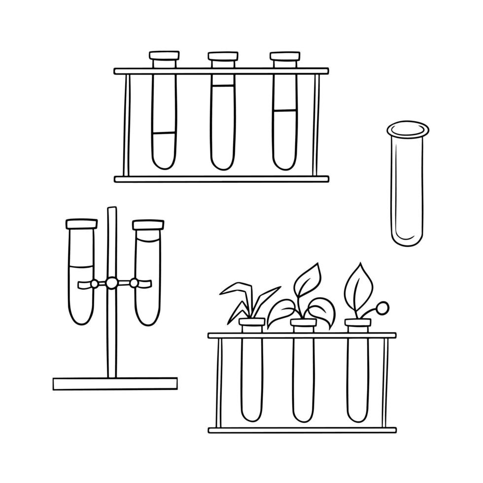 conjunto monocromático de imágenes, experimento biológico y químico, stand con tubos de vidrio con varias soluciones, ilustración vectorial en estilo de dibujos animados sobre un fondo blanco vector