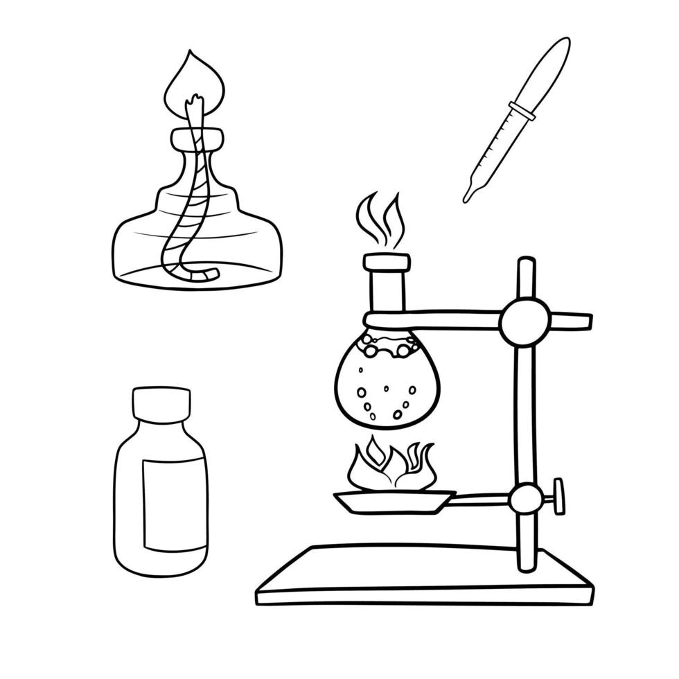 Monochrome Set for chemical experiments with liquid heating, glass flask with boiling liquid, vector illustration in cartoon style on a white background