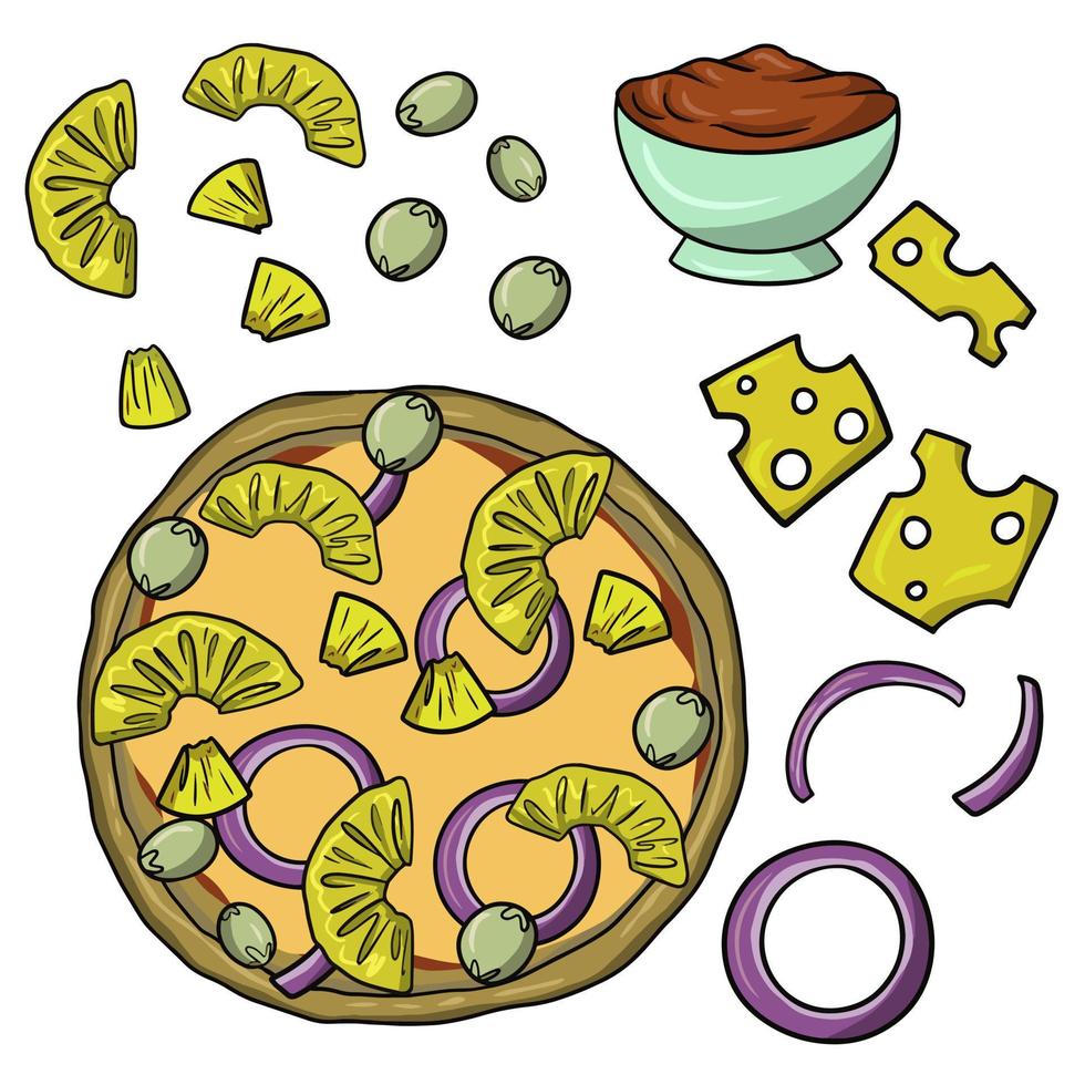 un conjunto de iconos para crear pizza con rodajas de piña, ilustración vectorial en estilo de dibujos animados sobre un fondo blanco vector