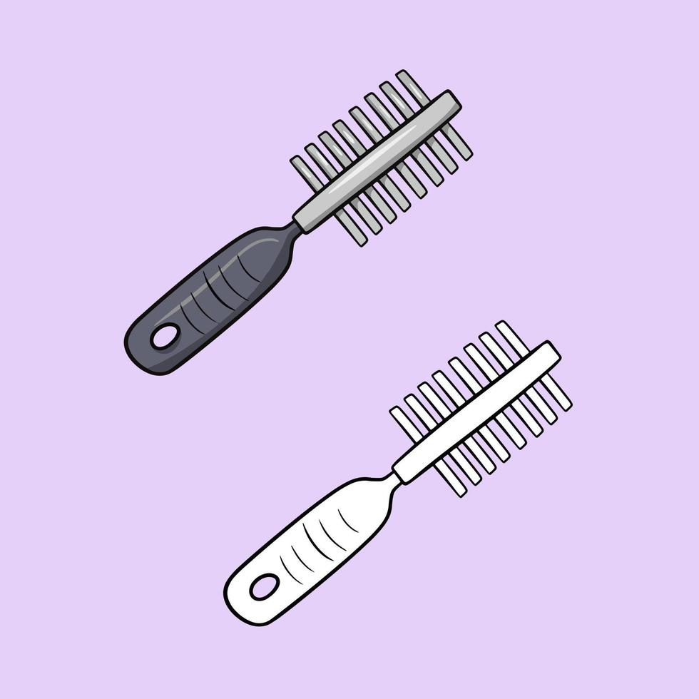 A set of pictures, a metal comb for animals with a black plastic handle, a vector illustration in cartoon style on a colored background