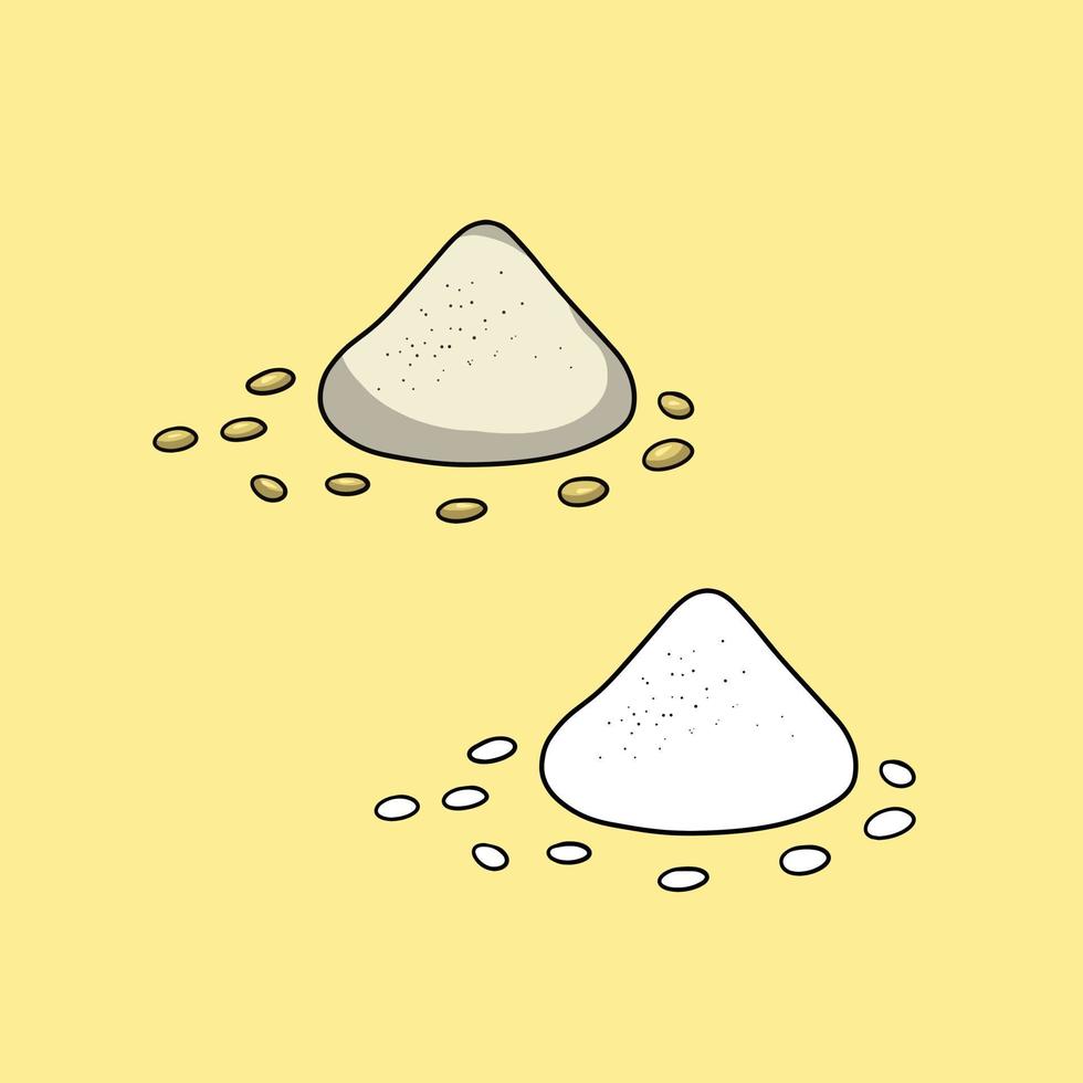 A set of pictures, A handful of flour with grains sprinkled with salt, a vector illustration in cartoon style on a colored background