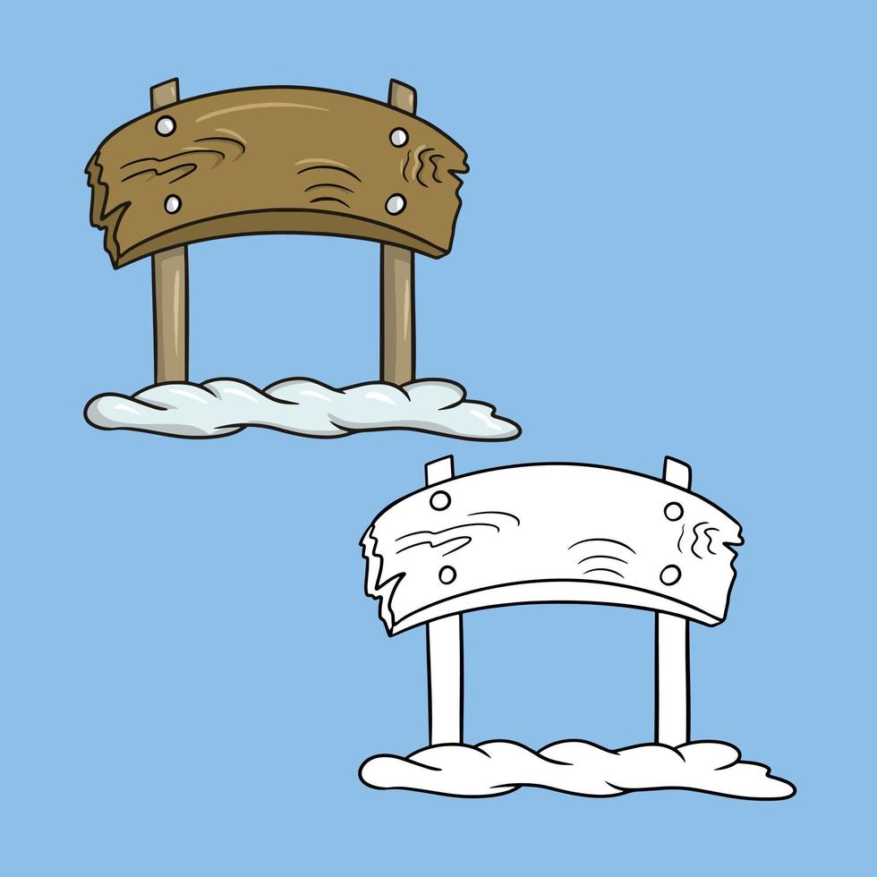 un conjunto de imágenes, un cartel cuadrado de madera marrón sobre dos pilares, un puesto en la nieve, una ilustración vectorial en estilo de dibujos animados sobre un fondo coloreado vector