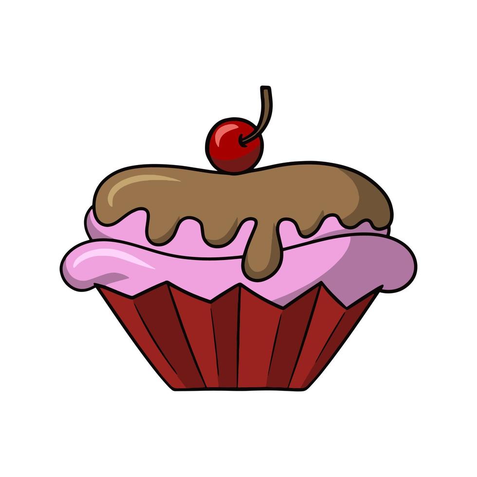 Big delicious cake, Pink delicious cupcake with delicate chocolate cream and cherry berry, vector illustration in cartoon style on a white background