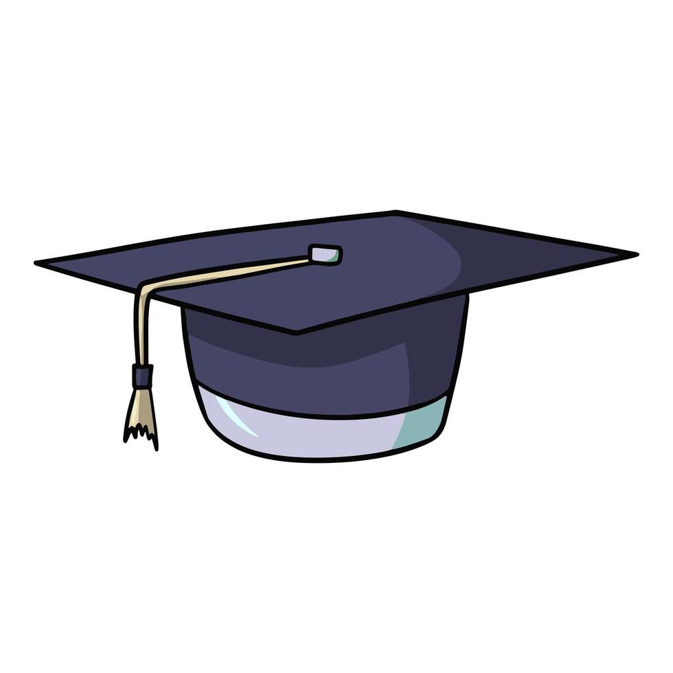 sombrero negro para un graduado, ilustración vectorial en estilo de dibujos animados sobre un fondo blanco vector