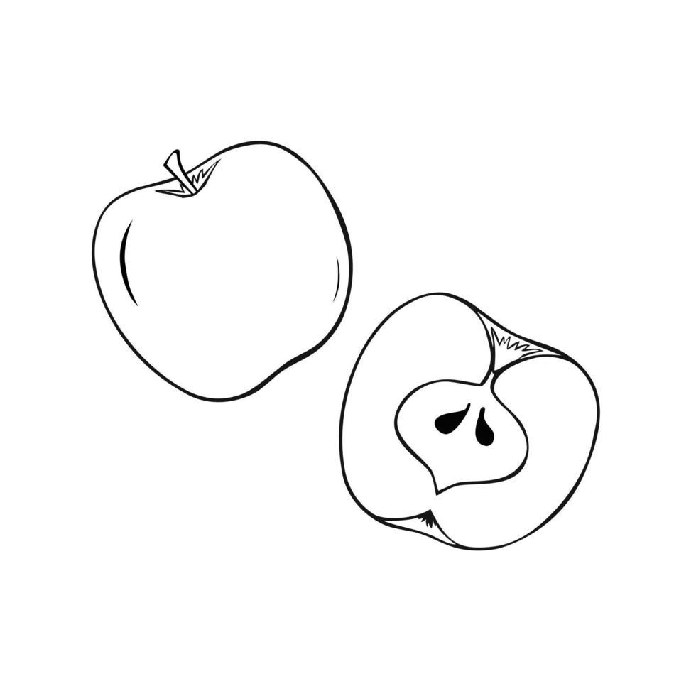 Monochrome fruit set, whole apple and half apple, vector illustration on white background