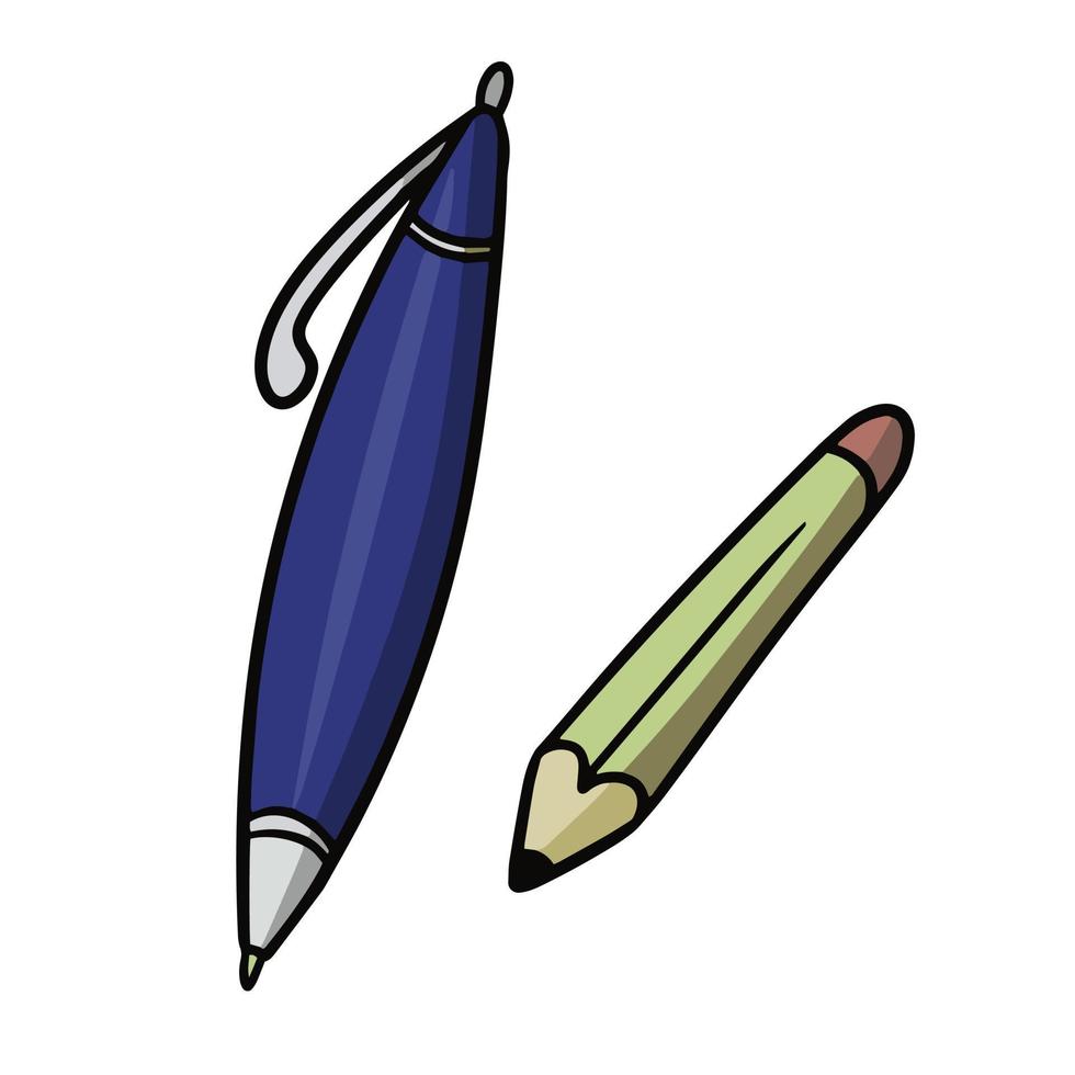 Blue writing pen and a small pencil, vector illustration in cartoon style on a white background