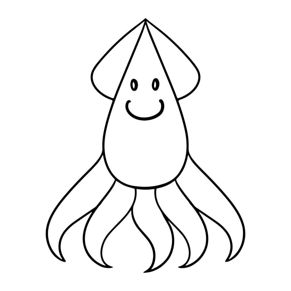 Monochrome picture, Cute squid, sea life, vector illustration in cartoon style on a white background