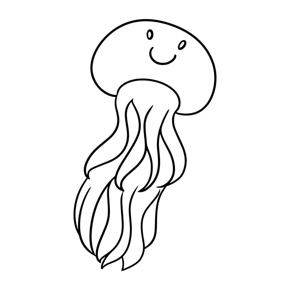 Monochrome picture, cute jellyfish with a smile and long appendages, vector illustration in cartoon style on a white background