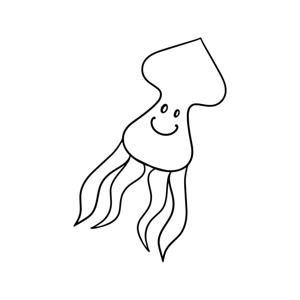 Monochrome images, The squid character swims, sea life, vector illustration in cartoon style on a white background