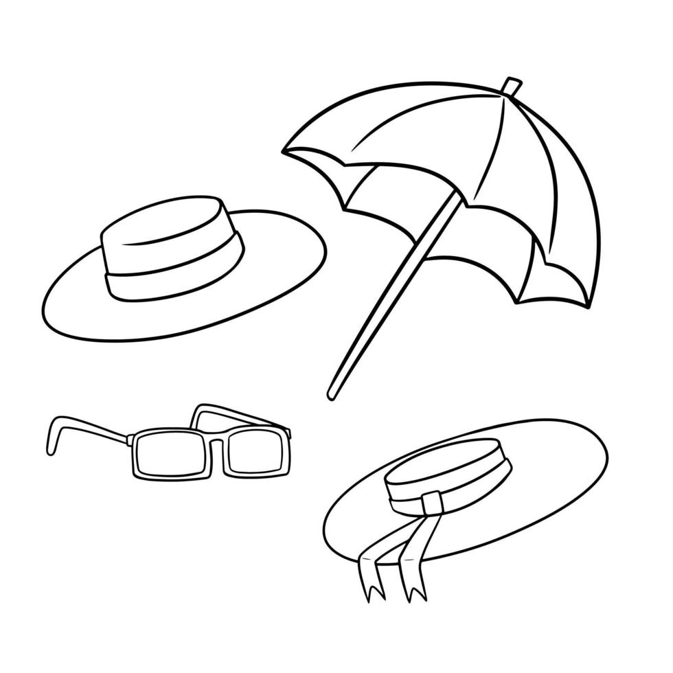 Set of monochrome pictures, accessories from the sun, beach umbrella, hats and sunglasses, vector illustration in cartoon style on a white background