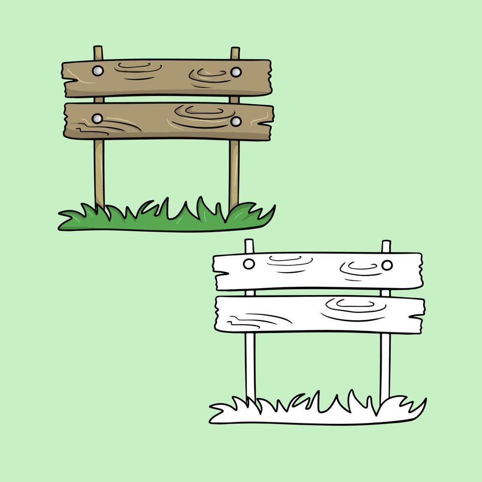 A set of pictures, a large old brown wooden sign on two pillars, a stand with green grass, a vector illustration in cartoon style on a colored background
