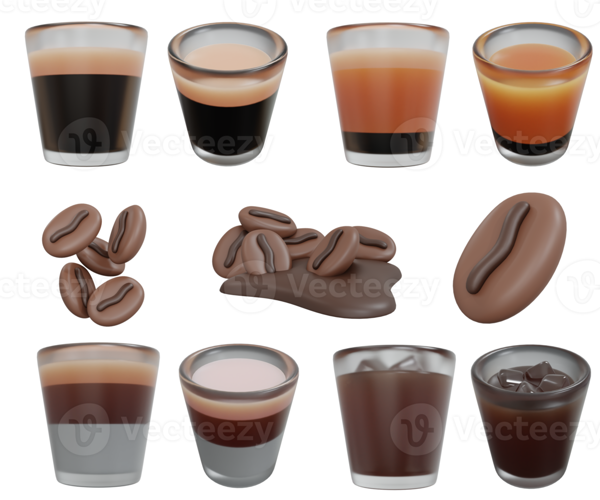 Representación 3d de un conjunto de diferentes tipos de bebidas de café en vidrio transparente y frijol aislado en el fondo png